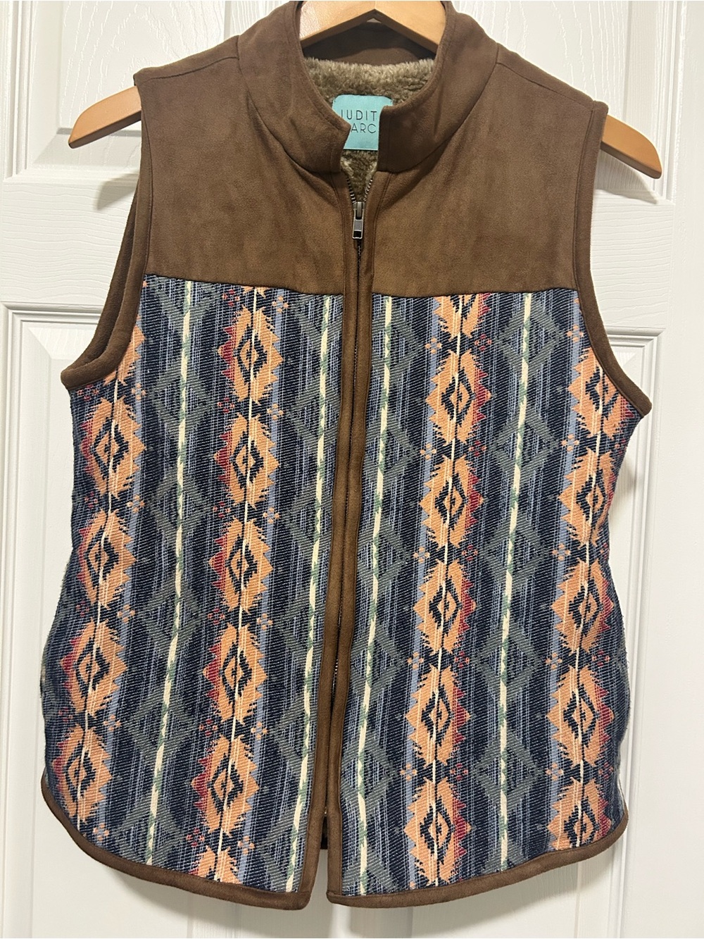 Judith March Western Print Fleece Lined Vest Womens L Full Zip Aztec